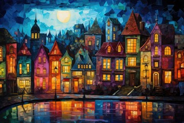 colorful cityscape at dusk with glowing window lights. - obrazy, fototapety, plakaty
