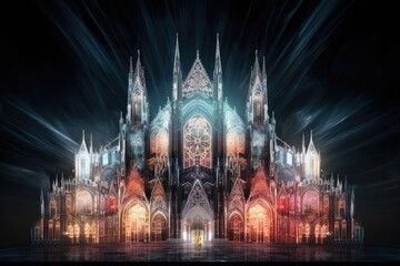 Fototapeta na wymiar floating holographic representation of an elaborate gothic cathedral.