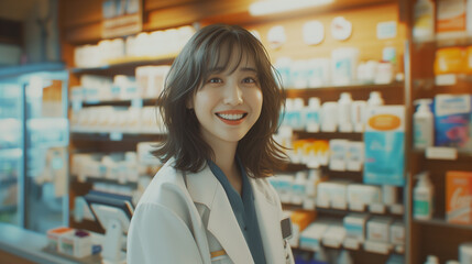 Smiling female asian pharmacist in drugstore store