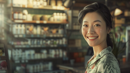 Smiling female asian pharmacist in drugstore store - obrazy, fototapety, plakaty