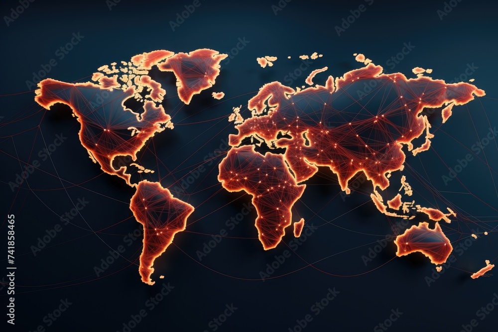 Poster global map crisscrossed with lines representing intricate dance delivering goods across the world.