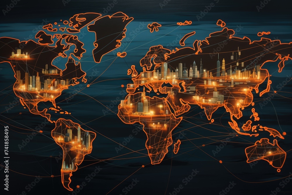 Poster global map crisscrossed with lines representing intricate dance delivering goods across the world.