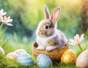 Cute baby rabbit as easter bunny sitting in easter egg as easter background wallpaper design (Generative AI)
