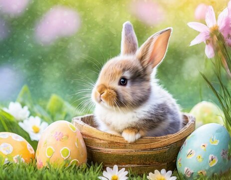 Cute baby rabbit as easter bunny sitting in easter egg as easter background wallpaper design (Generative AI)