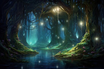 magical forest with crystal caves and luminous fireflies.