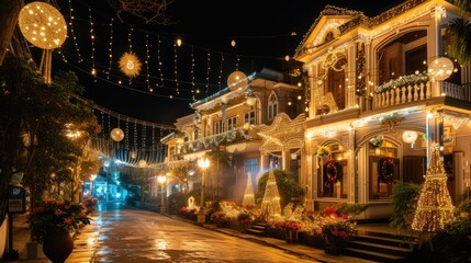 Fototapeta na wymiar panoramic view of ornately decorated homes and streets for the festive season