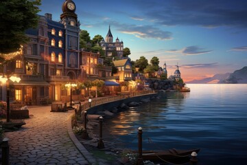 Fototapeta na wymiar 3D depiction of a quaint seaside town at dusk