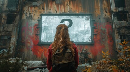 girl with a backpack standing in front of the question mark sign 