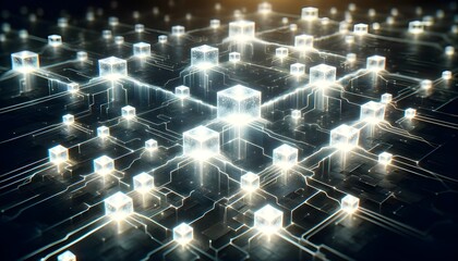 Fototapeta premium The image portrays a vast network of glowing, translucent cubes connected by illuminated lines on a dark, circuit-like background, suggesting a visualization of a digital blockchain or complex data st