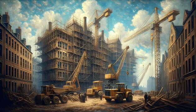 The image captures a bustling construction site with multiple cranes and heavy machinery amid scaffolding-clad buildings, set against a backdrop of historic architecture and a clear blue sky.

