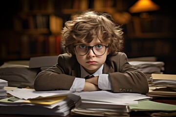 A serious little boy, surrounded by textbooks, looks at the camera with a serious expression.