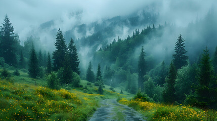 Rainy weather in the Carpathian mountain range with spruce trees,
A mountainside covered in fog and trees

 - obrazy, fototapety, plakaty