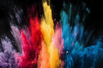 Colorful rainbow powder on black background, in the style of high speed film, vibrant, exaggerated scenes, intense movement expression, primary colors, bold color blocks.