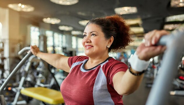 full-figured middle-aged woman exercising in gym