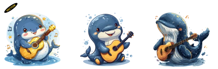 Poster Im Rahmen Whale Playing Guitar, Musical Ocean Giant Vector illustration, playful mascot cartoon character collection on isolated background © gfx_nazim
