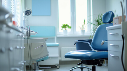 Spacious and well-lit podiatry clinic examination room with ergonomic medical chair, modern equipment, and tranquil blue decor promoting a calm healthcare environment