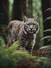 Naklejka na ściany i meble Bobcat, Eurasian lynx walking through forest. Endangered species. Majestic wildlife. 