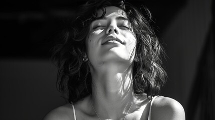 joyful portrait of a beautiful woman with her eyes closed, thinking, dreaming, imagining, 