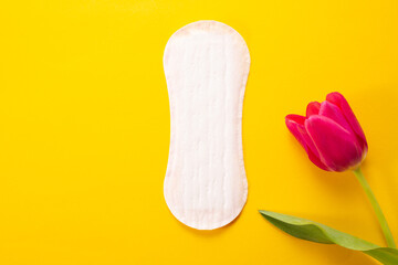 Feminine hygiene pad and tulip on yellow background. First menstrual period concept