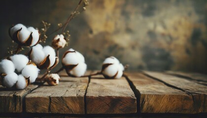 rustic old wooden boards table copy space with cotton plants and white flowers in background - obrazy, fototapety, plakaty