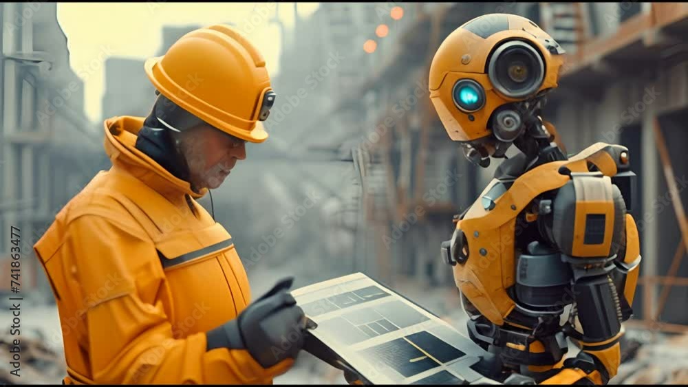 Poster sci fi robot engineer and a man inspection construction work with a robot worker and construction si