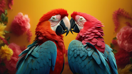 Parrots with a playful duo engaged in delightful interactions - obrazy, fototapety, plakaty