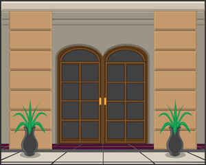 architectural vector design of the building showing two doors with glass and two building columns visible on the outside of the building with a teapot and decoration of two potted plants on the front