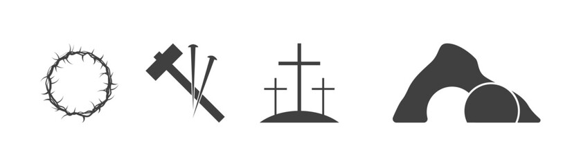 Easter icons set. Palm leaves, cross and cave. On a white background.