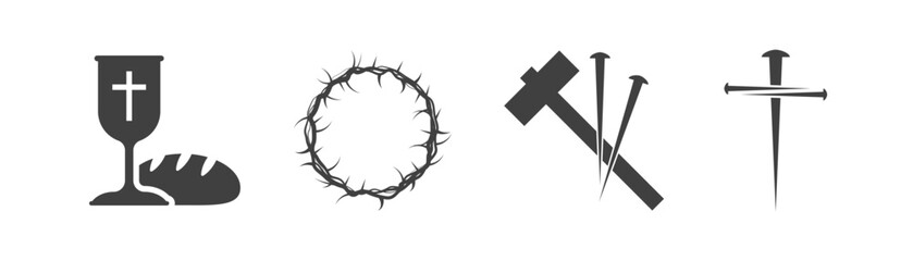 Easter icons set. Palm leaves, cross and cave. On a white background. - obrazy, fototapety, plakaty