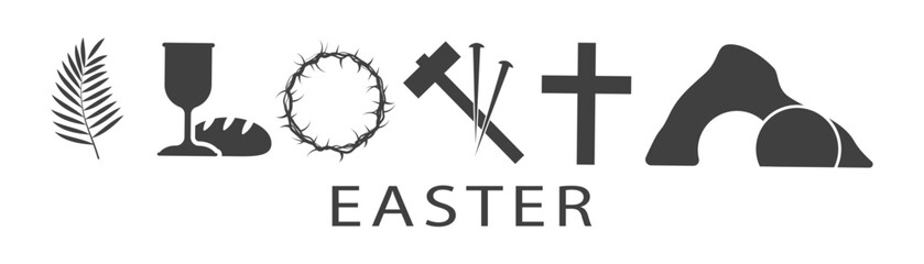 Easter icons set. Palm leaves, cross and cave. On a white background.