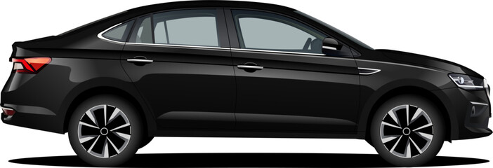 Realistic vector isolated black car in side view - obrazy, fototapety, plakaty