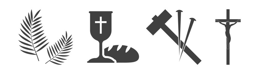 Easter icons set. Palm leaves, cross and cave. On a white background.