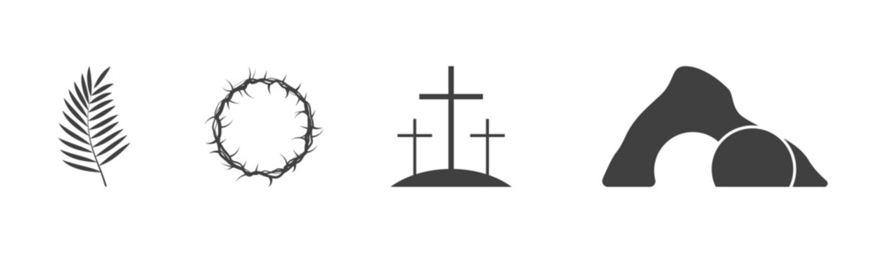 Easter icons set. Palm leaves, cross and cave. On a white background.