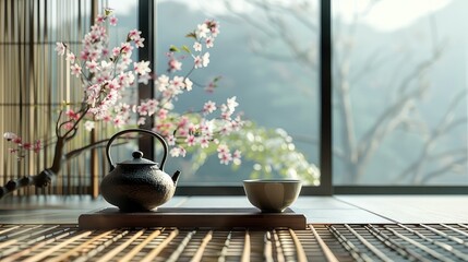 tea set next to a sakura branch, and natural elements such as a sakura branch on a bamboo mat to...