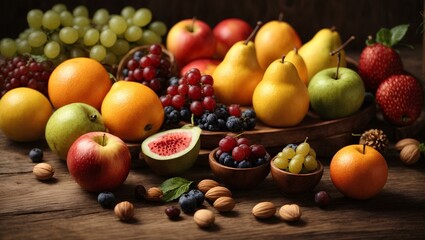 Different types of fruits on a wooden table. Big bunch of oranges, lemons, apples, grapes, plums,...