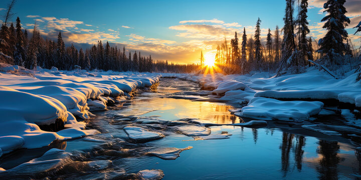 A frozen river, drowning in a bright daylight, like a picturesque picture that revived under the