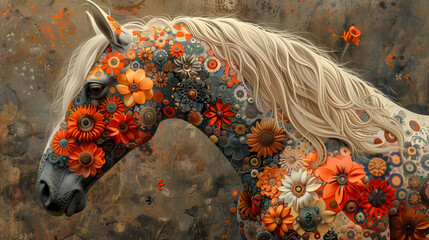Głowa konia w wypełniona wzorami kwiatów - obrazy, fototapety, plakaty