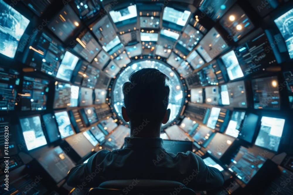 Poster advanced technology command center - an operator commands a futuristic control room with myriad scre