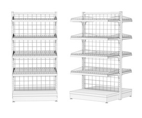 Contour visualization of empty retail double-sided racks made of metal mesh with shelves. 3d illustration set isolated on white background