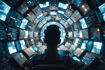 Advanced Technology Command Center - An operator commands a futuristic control room with myriad screens and data, symbolizing the nerve center of modern operations - obrazy, fototapety, plakaty