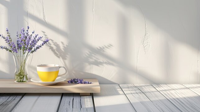 cup of tea, cups and lavender flowers on a white wooden background in a balanced and visually appealing manner.