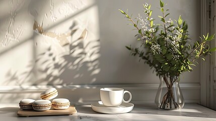 French macaroons or macaroons, coffee cup and plant elements. Realistic and cozy atmosphere.
