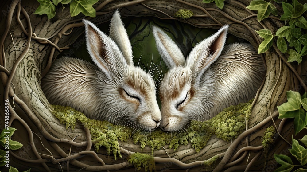 Wall mural cute rabbits in the tree hollow. generative ai