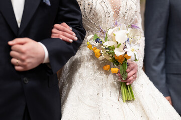 wedding dress, wedding rings, wedding bouquet