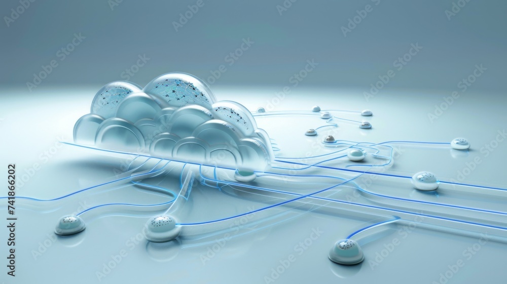 Poster innovative cloud network concept - stylized clouds with intertwined cables representing cloud comput
