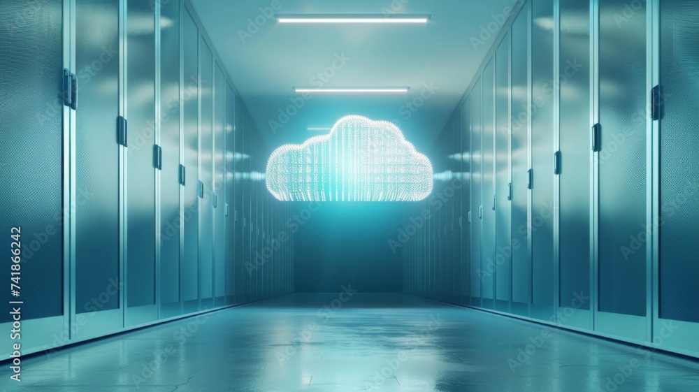 Poster digital cloud data center concept - a conceptual digital cloud illuminates a data center, symbolizin