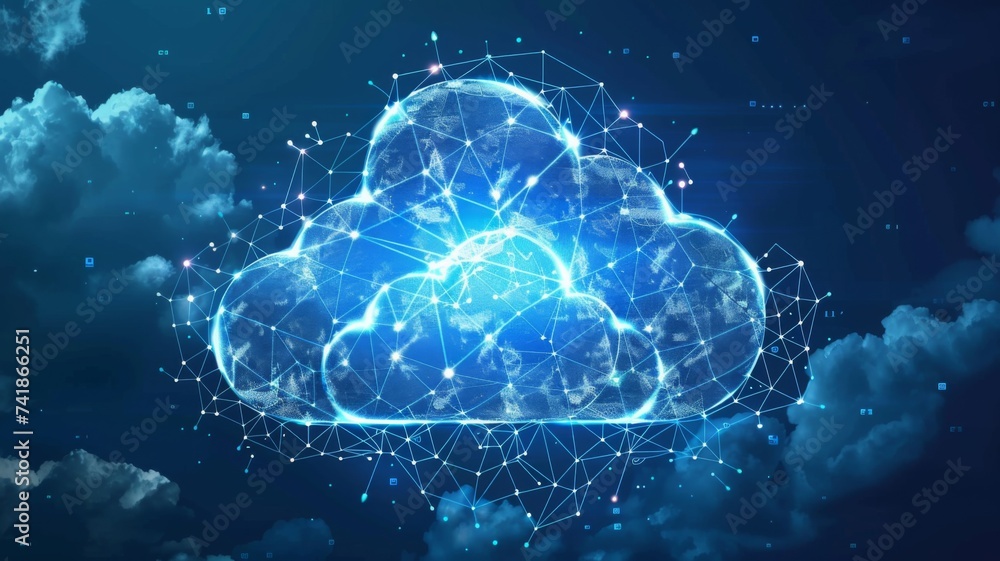 Poster abstract cloud network structure - network nodes overlay on cloud imagery, symbolizing cloud data ma