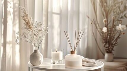 Place a reed diffuser in the bedroom, candles and other decorative elements on a white table, aiming for a natural and relaxed arrangement.
