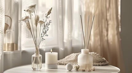 Place a reed diffuser in the bedroom, candles and other decorative elements on a white table, aiming for a natural and relaxed arrangement.