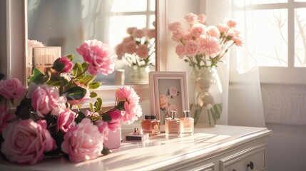 pink flowers and perfumes are arranged on a white boudoir table in a natural and aesthetically pleasing manner. Bright interior decor. - obrazy, fototapety, plakaty